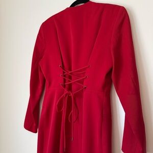 Vintage Tahari Classics 100% Wool True Red Maxi Coat Corset Style Back, size 8